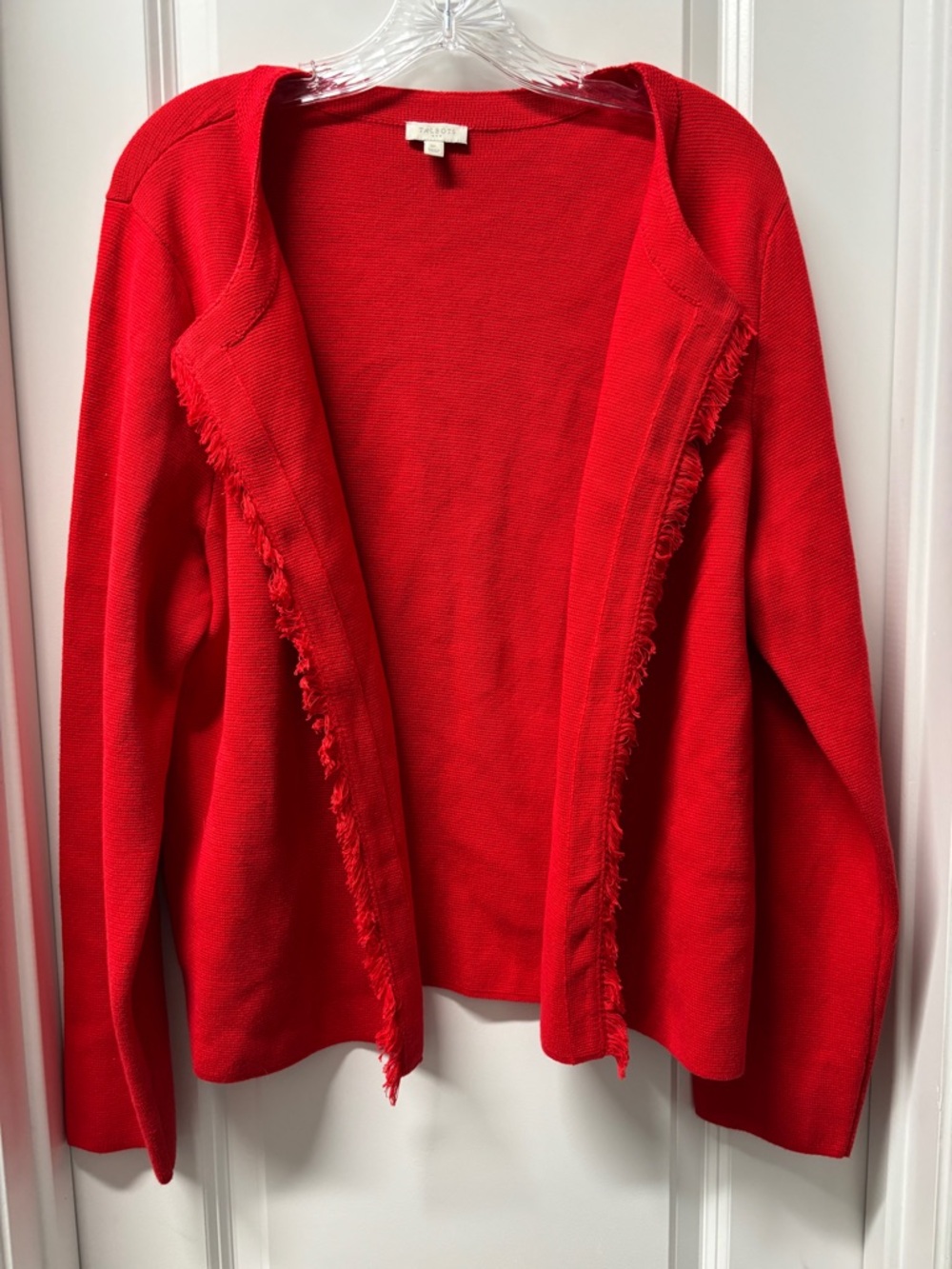 Talbots Womens Sweater Jacket Cardigan Open Front Red Fringe 100% Cotton Size XL